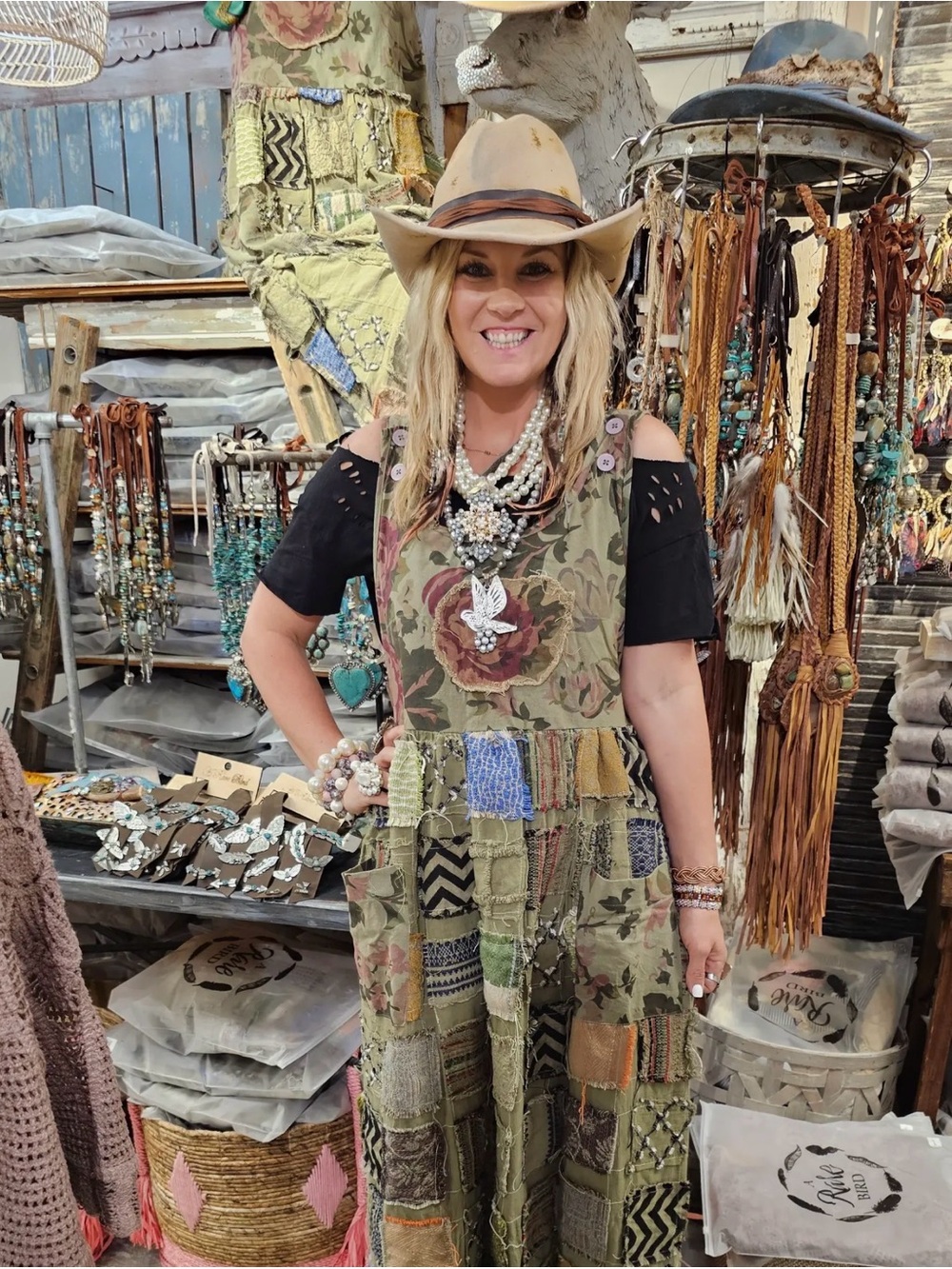 Boho Patchwork Olive Green Maxi Dress with Floral Detail